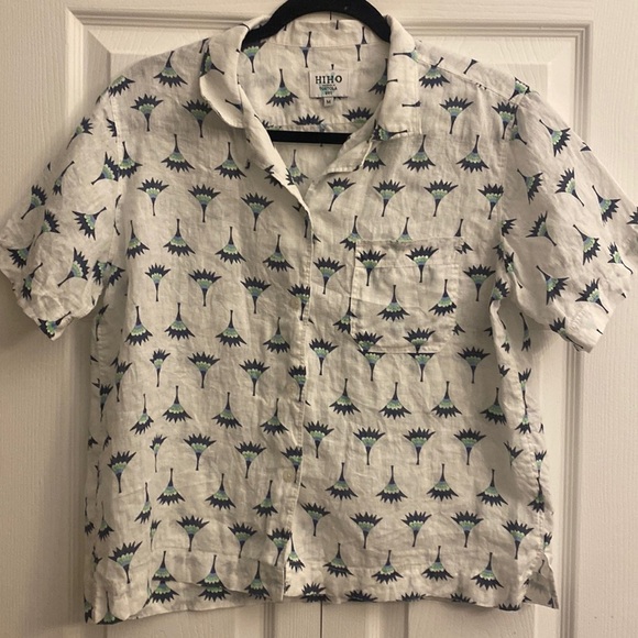 HIHO Tortola BVI linen button front shirt blue Palm tan design size M - Picture 1 of 4